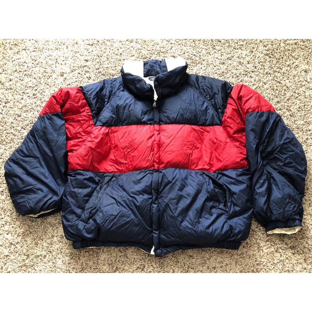 Vintage Nautica Stripe Colorblock Logo Reversible Puffy Down Jacket Size XL 90s